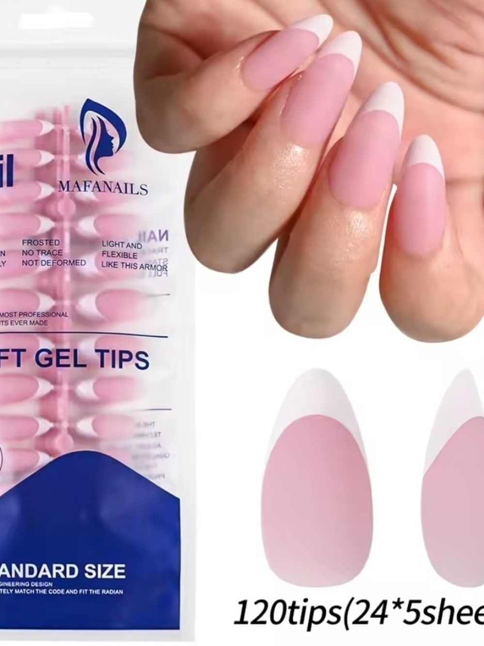 MAFANAILS Pink and White French Almond Gel Nail Tips
